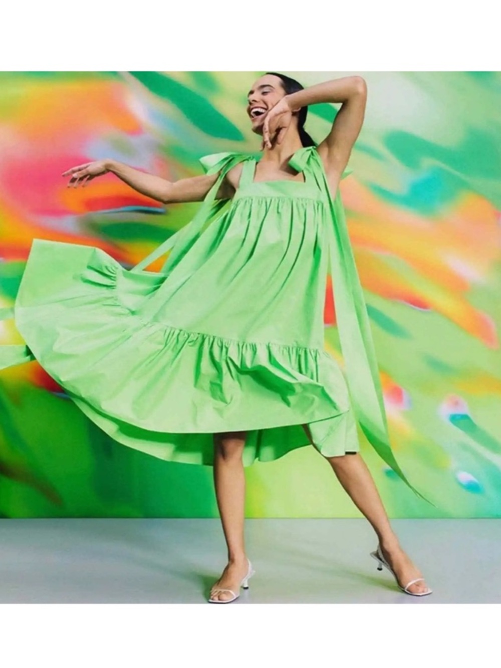 Christopher John Rogers Green Tiered Tie Shoulder High Low Babydoll Dress Small - Picture 5 of 16